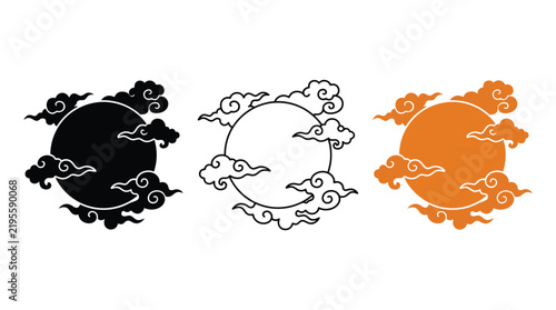 Moon and sun with traditional Asian clouds on white background