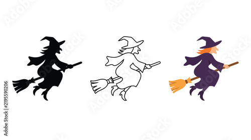 Witch flying broom outline silhouette color set white background