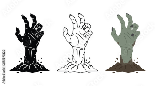 Zombie hand graphic set emerging from grave on white background