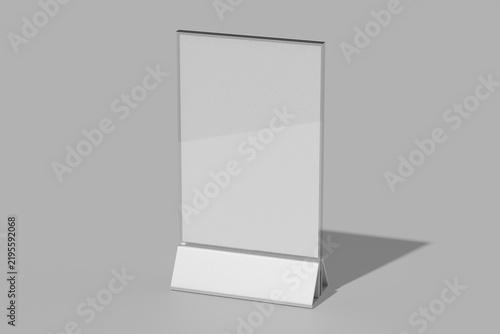 vertical table tent stand menu display card holder with clear acrylic glass frame and metal base mockup isolated 3d render