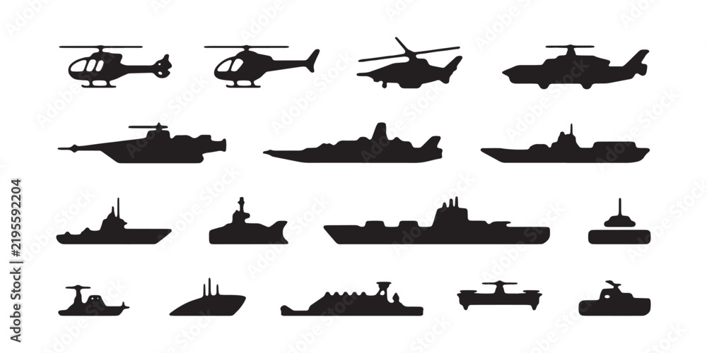 Fototapeta premium Military warships and combat helicopters black silhouettes set isolated on transparent background vector.