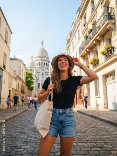 Young woman tourist smiling happily while walking through old European city streets during summer vacation holding a white tote bag with bright clear blue sky