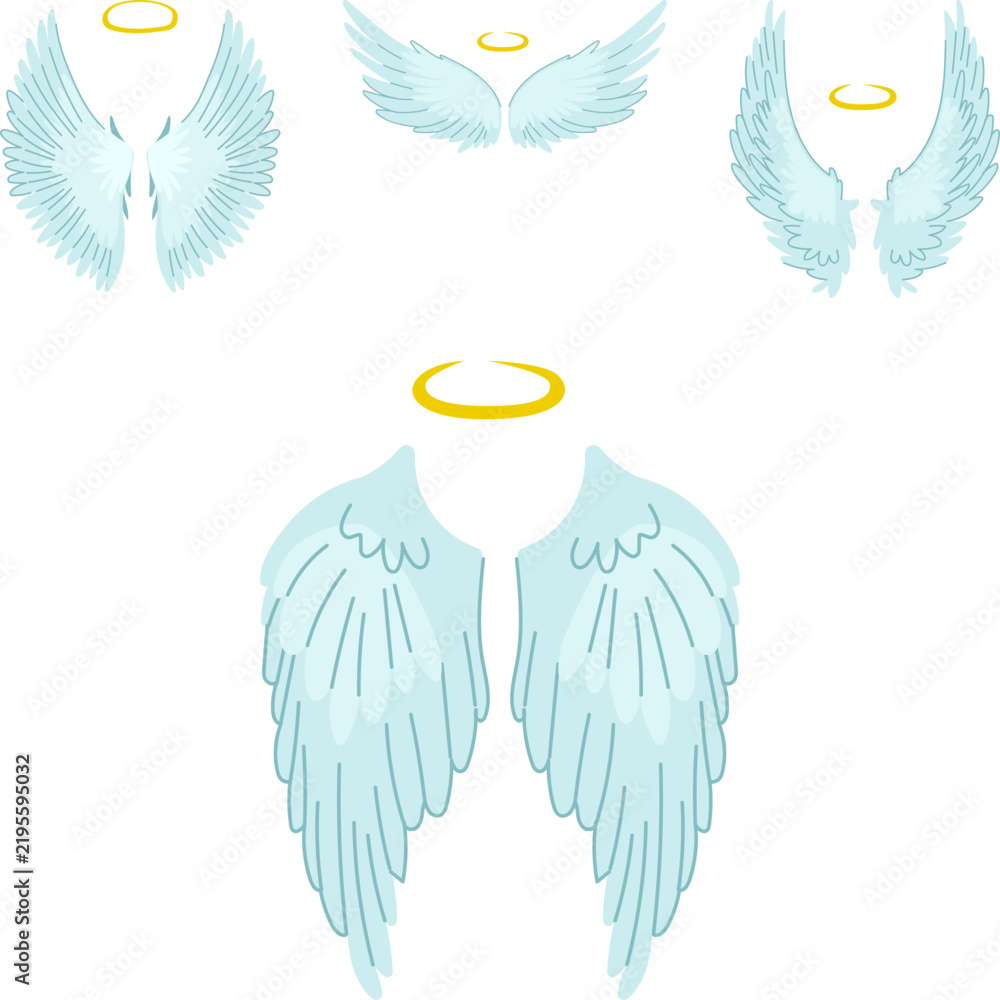 Fototapeta premium Collection of ethereal angel wings and glowing halos on a crisp white background symbolizing spirituality, purity, divinity, peace, protection, and heavenly grace
