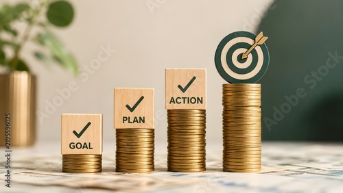 Business Goal Achievement And Strategic Planning With Stacked Coins And Target