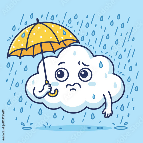 Sad Cloud Character Holding Umbrella in Rain Vector Illustration
