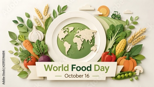 World Food Day Paper Art Concept With Fresh Vegetables Agriculture And Globe On Plate