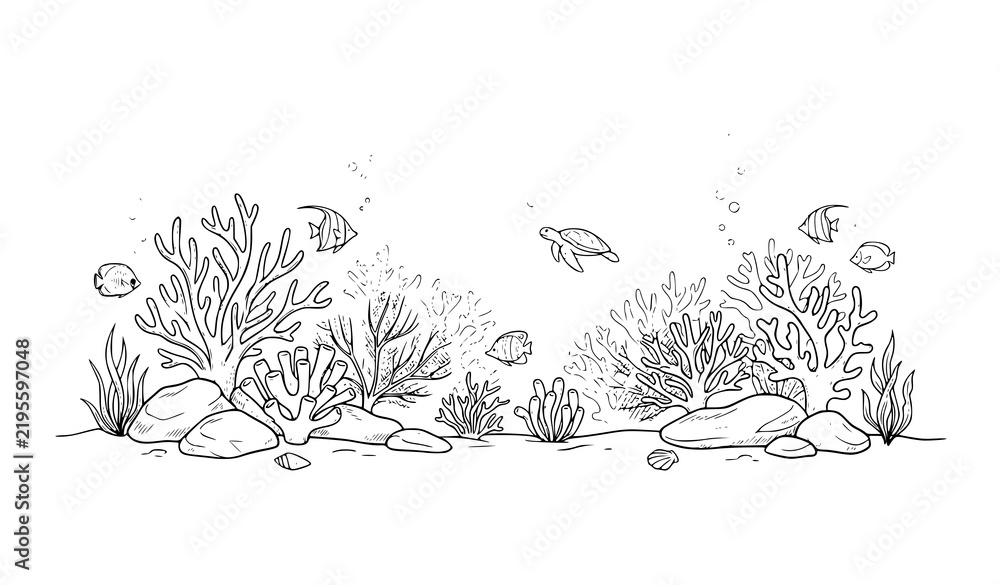 Obraz premium Hand drawn underwater seabed scene with coral reef fish bubbles rocks and seaweed black and white line art vector illustration