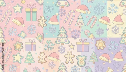 Cute Pastel Christmas Seamless Pattern with Gingerbread and Stockings