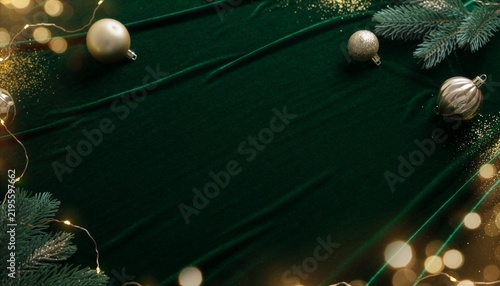 Luxury Teal Velvet Christmas Background with Burning Candles and Gold Baubles