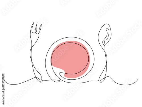 Minimalist continuous line drawing of a plate with red soup or sauce, fork and spoon, representing dining, food, restaurant service, and mealtime. Vector Editable stroke