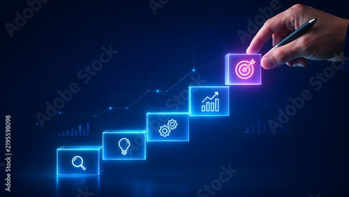 Futuristic Digital Business Growth Strategy And Goal Achievement Concept With Glowing Cubes