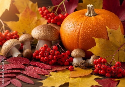 Obraz na płótnie 秋の味覚、かぼちゃ、きのこ、紅葉、実りの季節