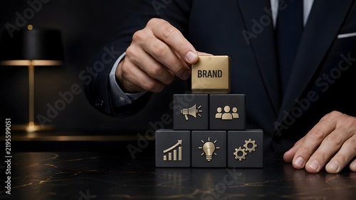 Corporate Brand Building And Marketing Strategy Pyramid With Golden Blocks