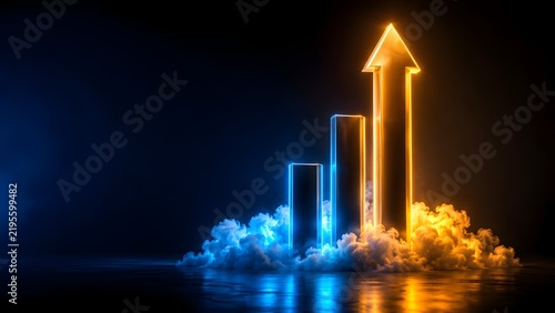 Business Growth And Financial Success Bar Chart With Glowing Neon Arrows