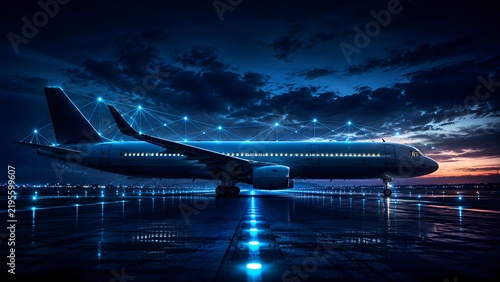 Commercial Airplane On Runway At Night With Digital Network Infrastructure