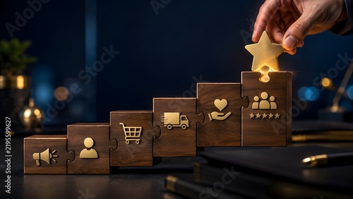 Customer Experience And Service Quality Concept With Star Puzzle Blocks On Table