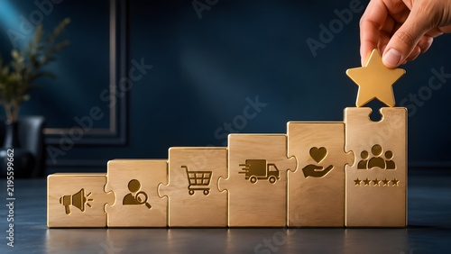 Customer Experience And Satisfaction Strategy With Golden Puzzle Blocks And Star