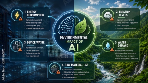 Environmental Impact Of AI Infographic With Energy Consumption And Emissions