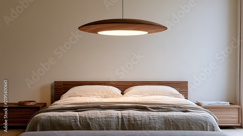 Modern Bedroom with Wooden Bed Frame, Ceiling Light, and Minimalist Decor