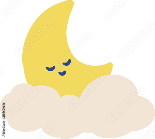 Картината върху платно Cute sleeping yellow crescent moon with closed eyes resting on fluffy soft cloud vector illustration isolated on transparent background