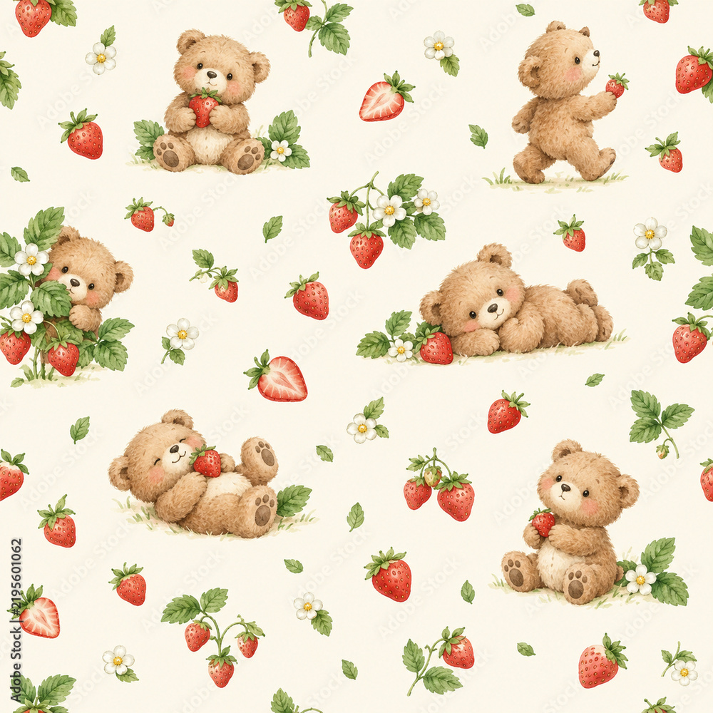 Fototapeta premium Cute teddy bears and strawberries seamless watercolor pattern