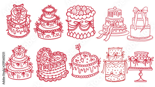 Hand drawn vintage wedding cake collection, set of 10 romantic tiered cakes with bows and hearts, red line art dessert illustrations for bridal stationery
