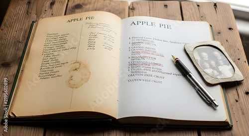 Vintage handwritten family cookbook open to treasured apple pie recipe with old photo tucked inside