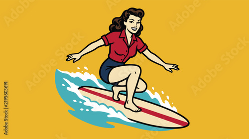 Canvas Print Vintage pinup surfer girl vector illustration, retro woman surfing on ocean wave