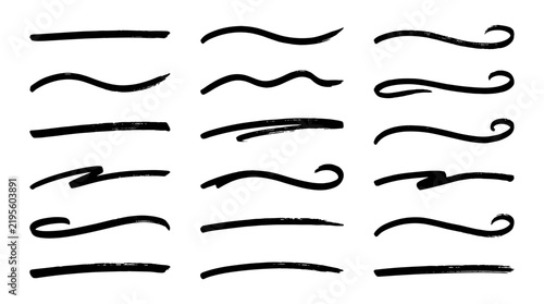 Hand drawn underline strokes and swoosh set, black marker brush lines for highlighting text, 18 decorative ink swashes and curly underlines, artistic calligraphy pen strokes for emphasis