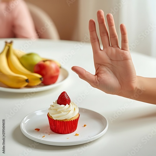 Woman hand making stop gesture to reject sugary cupcake on white table with fresh fruits.