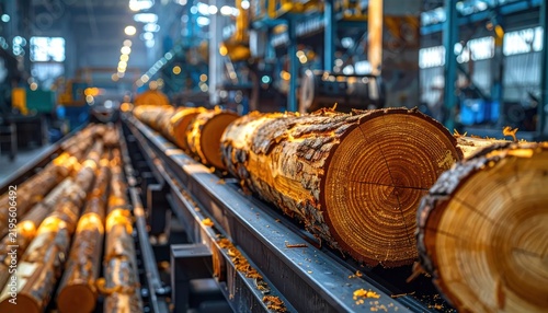 Industrial Lumber Processing: Close-up of Pine Logs on a Conveyor Belt in a Sawmill Production Line