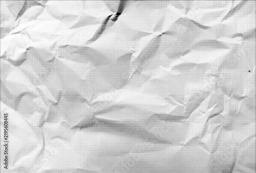 Black dot gradients trace folded, grey crinkled paper creases, gritty halftone overlay, retro crumpled paper texture poster design.