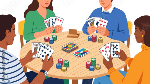 Group of people playing cards at a poker table with chips and colorful cards