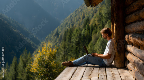 Young woman relaxation working outdoor cabin mountains scenic countryside