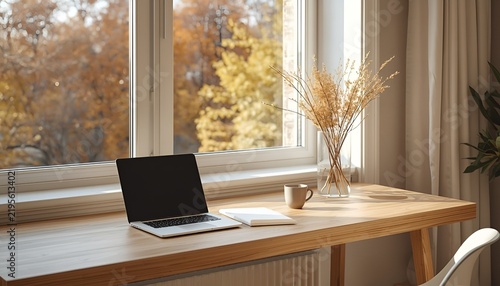 Minimal Autumn Desk with Golden Leaves and Natural Light