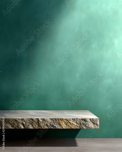 Minimalist Interior Scene with Textured Green Wall and Wooden Shelf