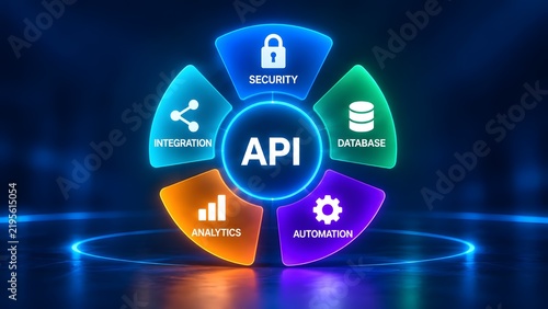 Obraz w ramie API technology concept with colorful glowing segments representing security database automation analytics and integration