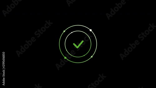 Green checkmark glows softly against black background. Circular trail emphasizes approval or success. Minimalist design evokes clarity and confidence