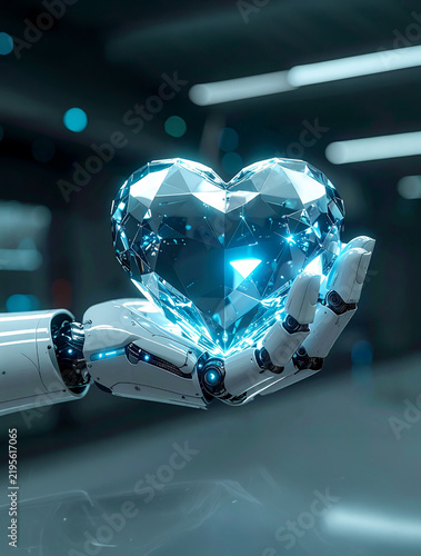 Robotic hand holding glowing blue diamond heart, laboratory background, artificial intelligence empathy, human robot interaction, cybernetic healthcare technology concept.