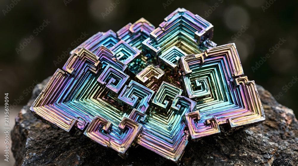 Obraz premium Iridescent bismuth crystal specimen featuring intricate hopper geometry and vibrant metallic rainbow colors captured with sharp focus and macro photography techniques