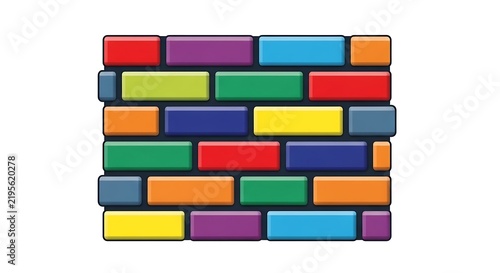 Colorful brick wall pattern made of plastic toy building blocks on white background