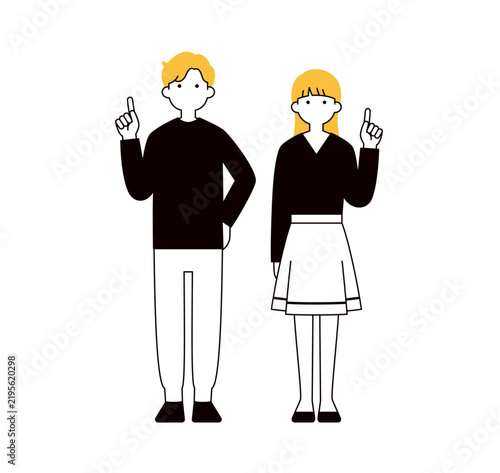 Naklejka アイデアが閃く・提案・紹介する、若い男女のシンプルな線画の全身ベクターイラスト素材セット