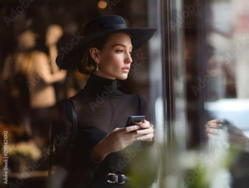 woman sipping coffee beside boutique window 