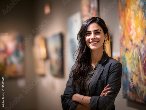 woman standing among artworks representing arts 