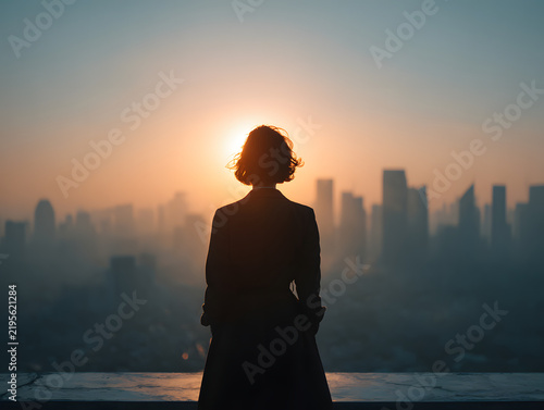 woman standing on rooftop with city skyline