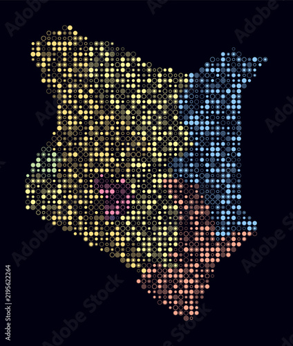 Kenya, shape of the country build of colored cells. Digital style map of the Kenya on dark background. Small size circle blocks. Abstract vector illustration.