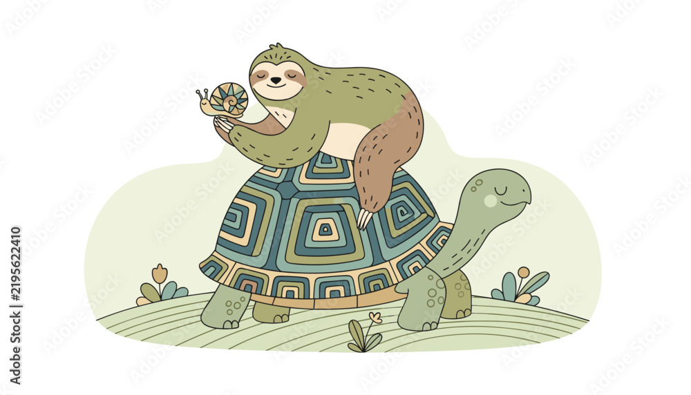 Obraz premium Whimsical children book illustration of a cute green sloth holding a snail while riding on a large friendly tortoise.