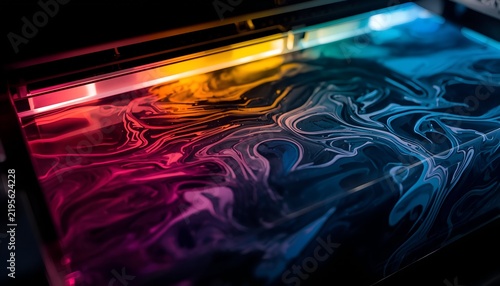 High tech uv curable ink printing process with neon lit printing machine showing fluid ink texture closeup and glowing printer head inside digital uv flatbed printer.