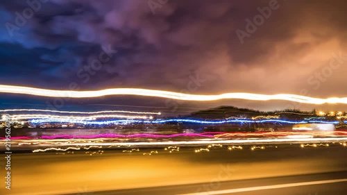 Motion blur cityscape at night with streaking lights and dark sky