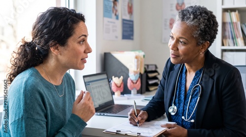 Doctor consults with patient in office, discussing medical chart and thyroid models